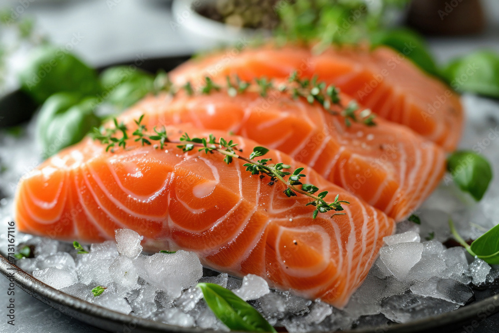 Fresh raw salmon fish fillet on ice on black background top view. Healthy food full of omega 3 vitamins. Fresh raw salmon fish fillet on ice on black background top view. Healthy food full of omega 3 vitamins.