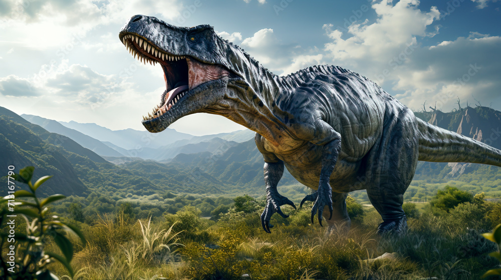 Fototapeta premium Tyrannosaurus Rex Roaring in the Cretaceous Forest created with Generative AI technology
