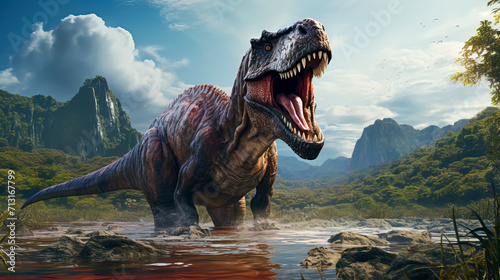 Tyrannosaurus Rex Roaring in the Cretaceous Forest created with Generative AI technology photo