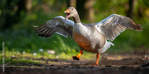 an angry goose runs with its wings spread, trying to bite photo