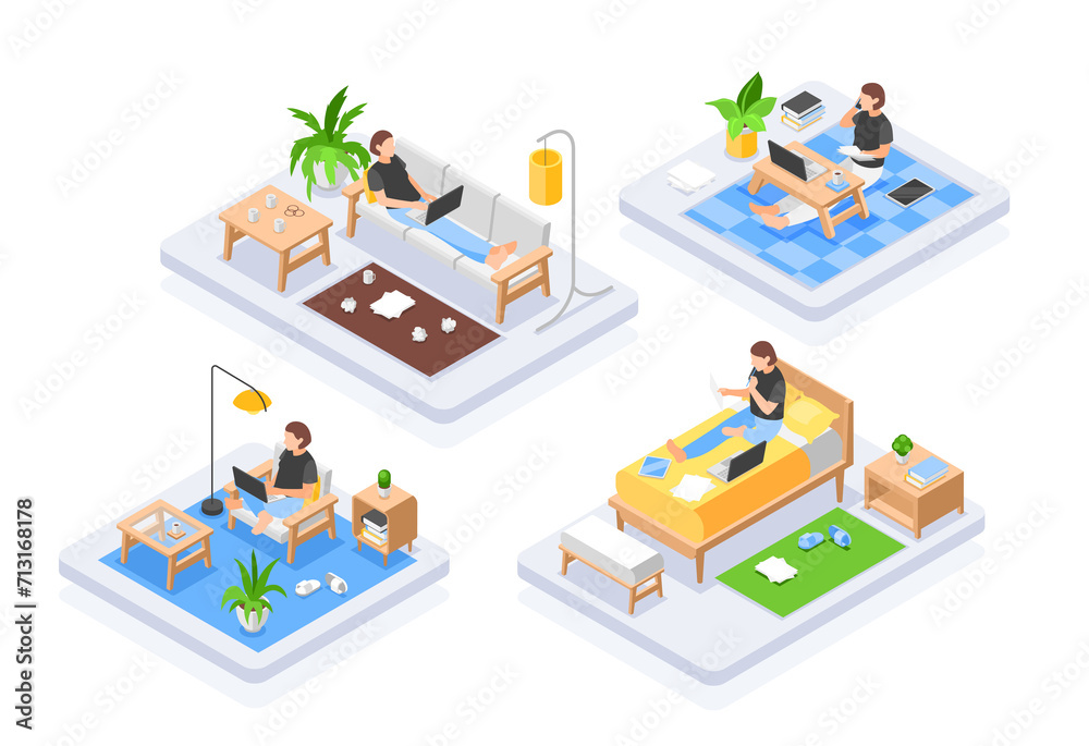 Work from home compositions in isometric view