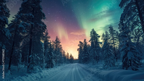 Amazing northern lights over a track through winter landscape in Finnish Lapland. The mesmerising aurora borealis © David