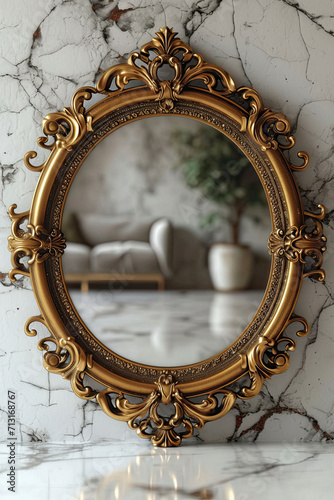 Old-fashioned oval gilt frame for a mirror on a white grey marble background. © Tjeerd