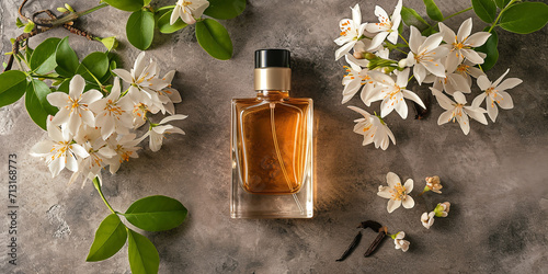 bottle of perfume next to jasmine, vanilla flowers photo