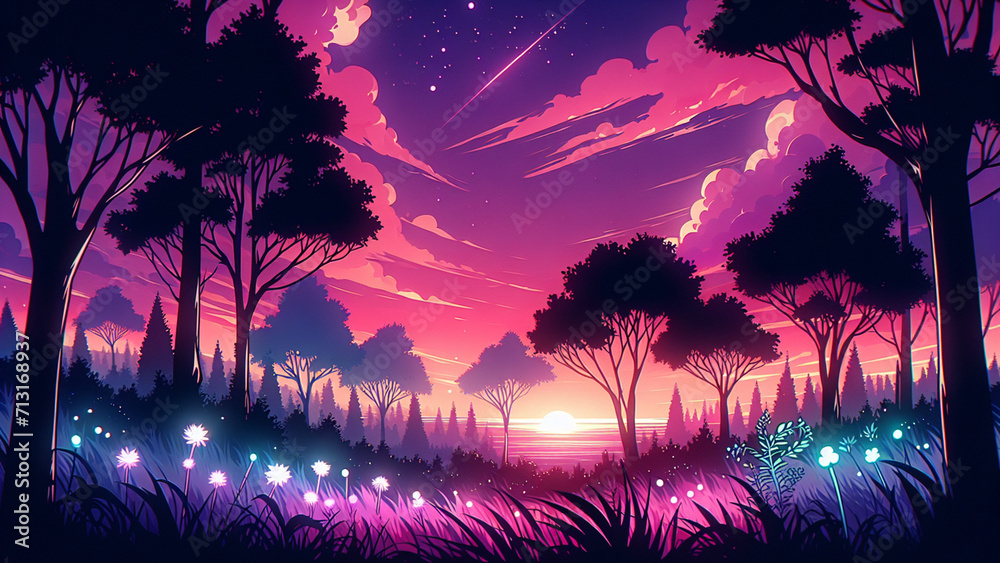 Enchanted Evening: Starlit Forest in Crimson Dusk