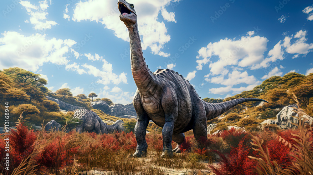 Obraz premium Majestic Prehistoric Brachiosaurus in Natural Habitat created with Generative AI technology
