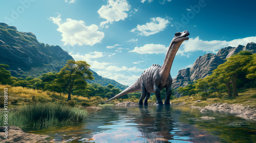 Majestic Prehistoric Brachiosaurus in Natural Habitat created with Generative AI technology photo