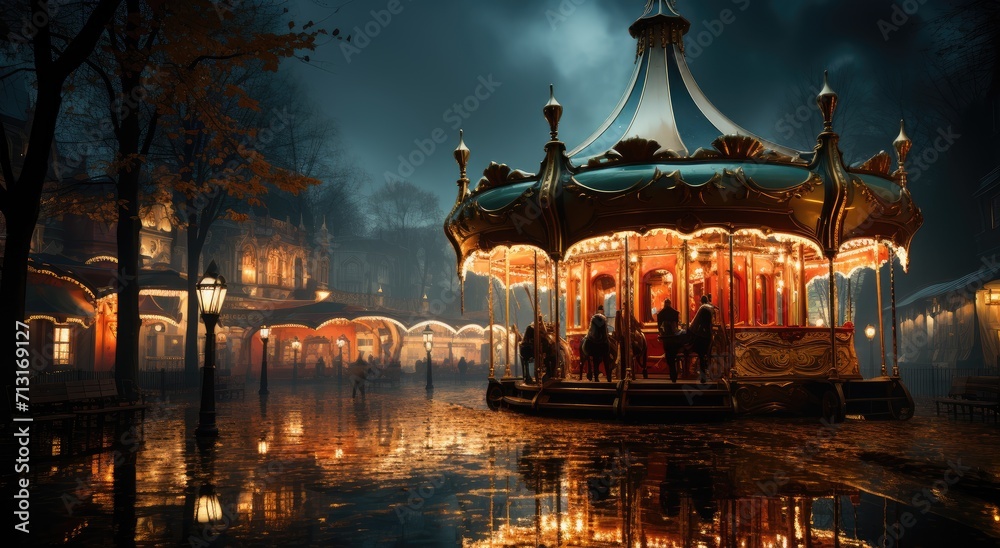 Amidst the tranquil darkness, a sparkling carousel spins in the reflection of the city lights, its colorful ride illuminated against the serene waters of the lake under a starry sky and towering tree