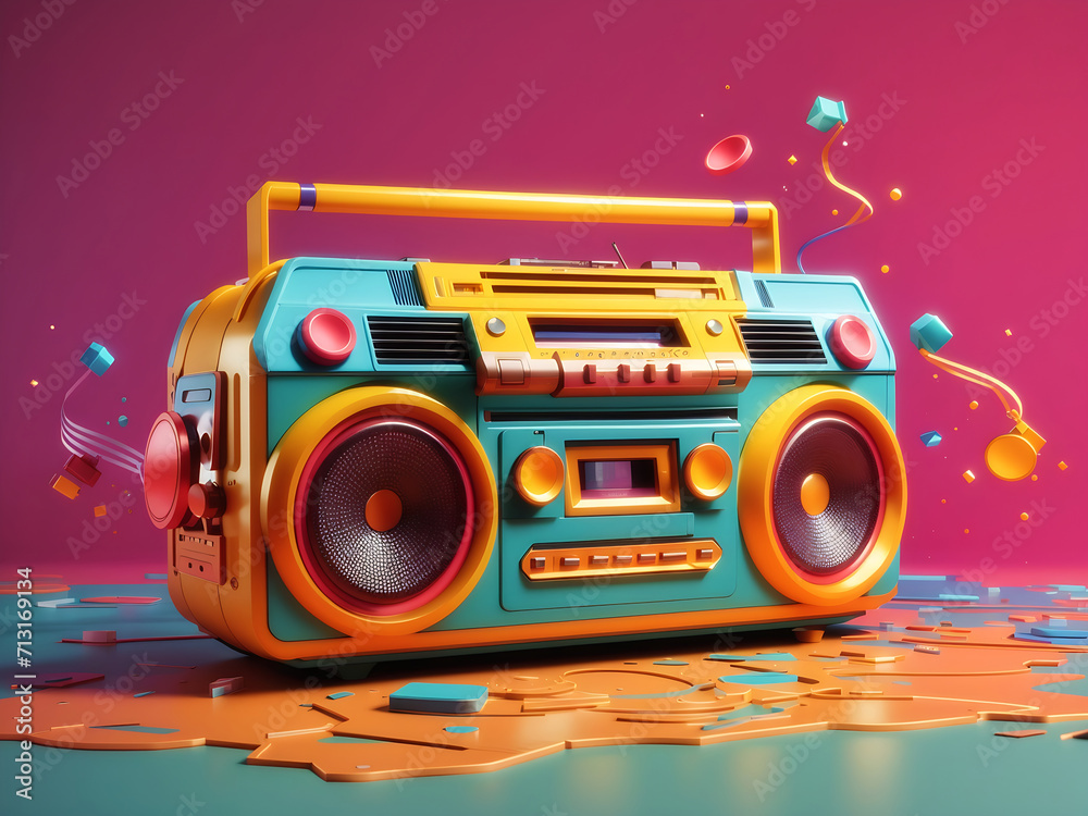 Fototapeta premium Colourful retro Boombox 3d illustration design.