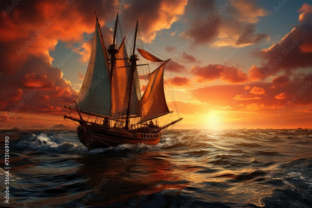 As the sun sets on the horizon, a majestic sailboat glides through the sparkling waters, its mast reaching towards the clouds, a symbol of freedom and adventure on the open sea