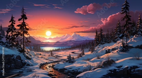 A stunning winter sunrise paints the sky as a river winds through a snowy landscape, framed by towering fir and larch trees and the freezing peaks of a majestic mountain range