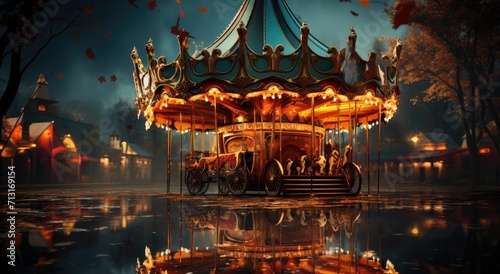 Under the starry sky, a magical carousel glides through the water, its horses and carriages lit up by reflections of light, inviting riders for an enchanting outdoor ride