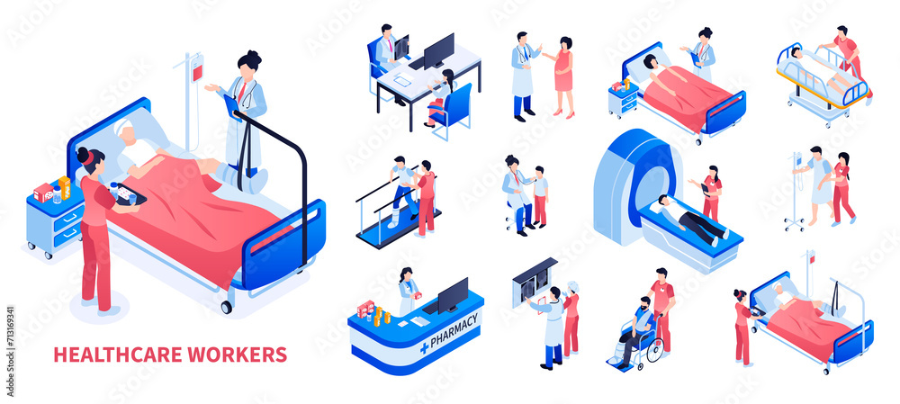Health workers icons in isometric view - obrazy, fototapety, plakaty 
