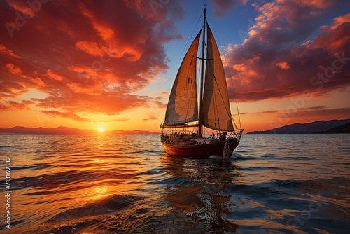 A majestic sailboat glides across the tranquil waters, its mast reaching towards the sky as the vibrant sunset paints the sky in a canvas of orange and pink