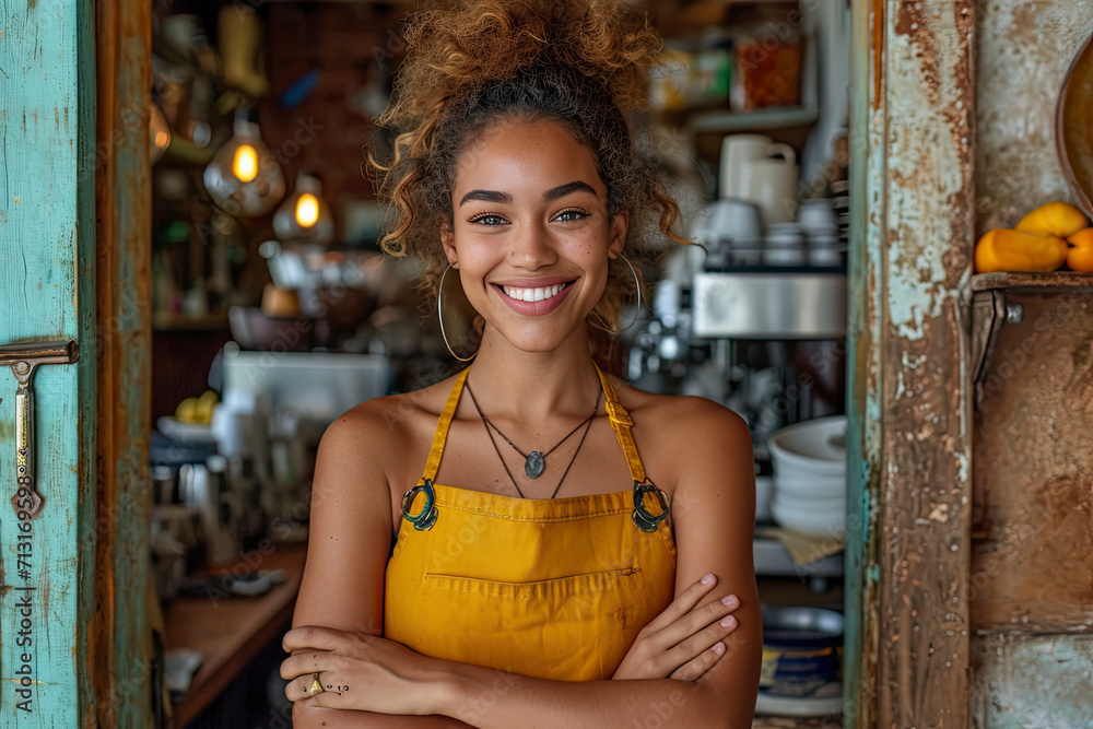 Portrait of a smiling young African American barista standing with arms crossed at her shop.