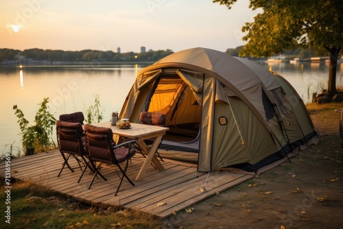As the sun rises over the serene lake, a cozy outdoor campsite awaits with a tent, table, and chairs set up under the protective shade of trees, inviting one to sit and soak in the natural beauty