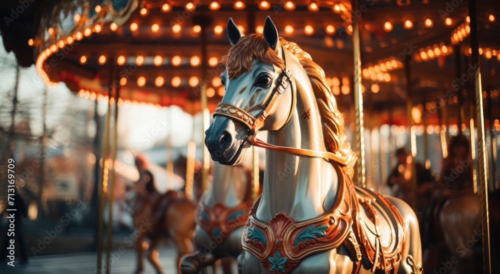 A majestic horse gracefully gallops on a vibrant carousel, surrounded by the thrilling atmosphere of an amusement park ride