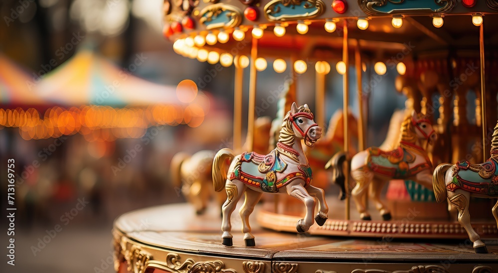 An enchanting outdoor amusement ride, the carousel spins gracefully with majestic horses, transporting riders to a whimsical world of childhood wonder