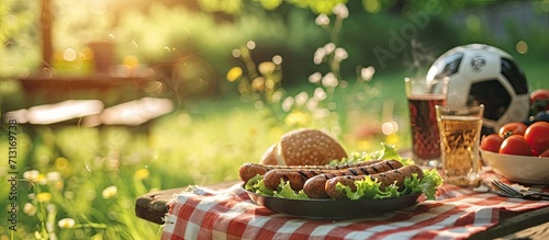 Picnic on a meadow with bratwurst on flaming grill and a soccer ball. Copy space image. Place for adding text © Ilgun