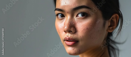 Itchy and allergic skin problems dermatitis on young Asian Thai woman face. Copy space image. Place for adding text photo