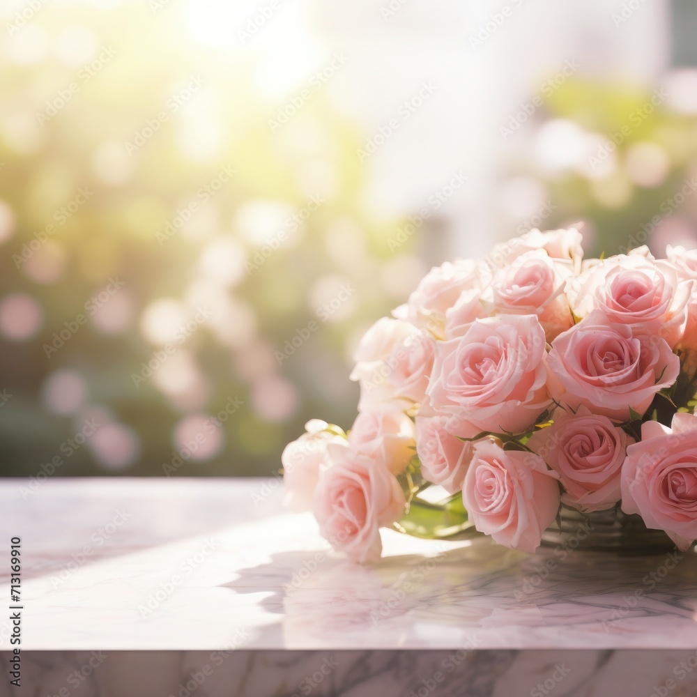 white marble table, blurred light bokeh rose garden background for product display studio mockup backdrop background white marble table, blurred light bokeh rose garden background for product display studio mockup backdrop background