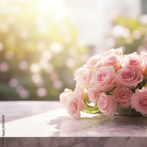 white marble table  blurred light bokeh rose garden background for product display studio mockup backdrop background
