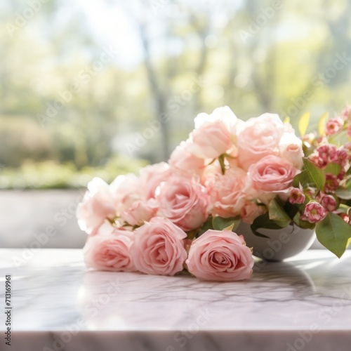 white marble table  blurred light bokeh rose garden background for product display studio mockup backdrop background