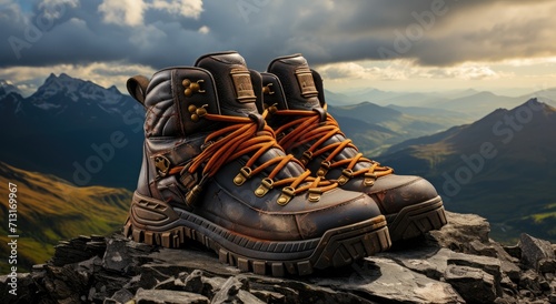 A lone pair of rugged boots stand atop a rocky mountain, facing the endless expanse of clouds and sky, ready for the outdoor adventures that lie ahead