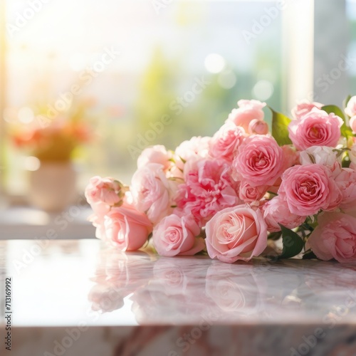 white marble table, blurred light bokeh rose garden background for product display studio mockup backdrop background © Fay Melronna 