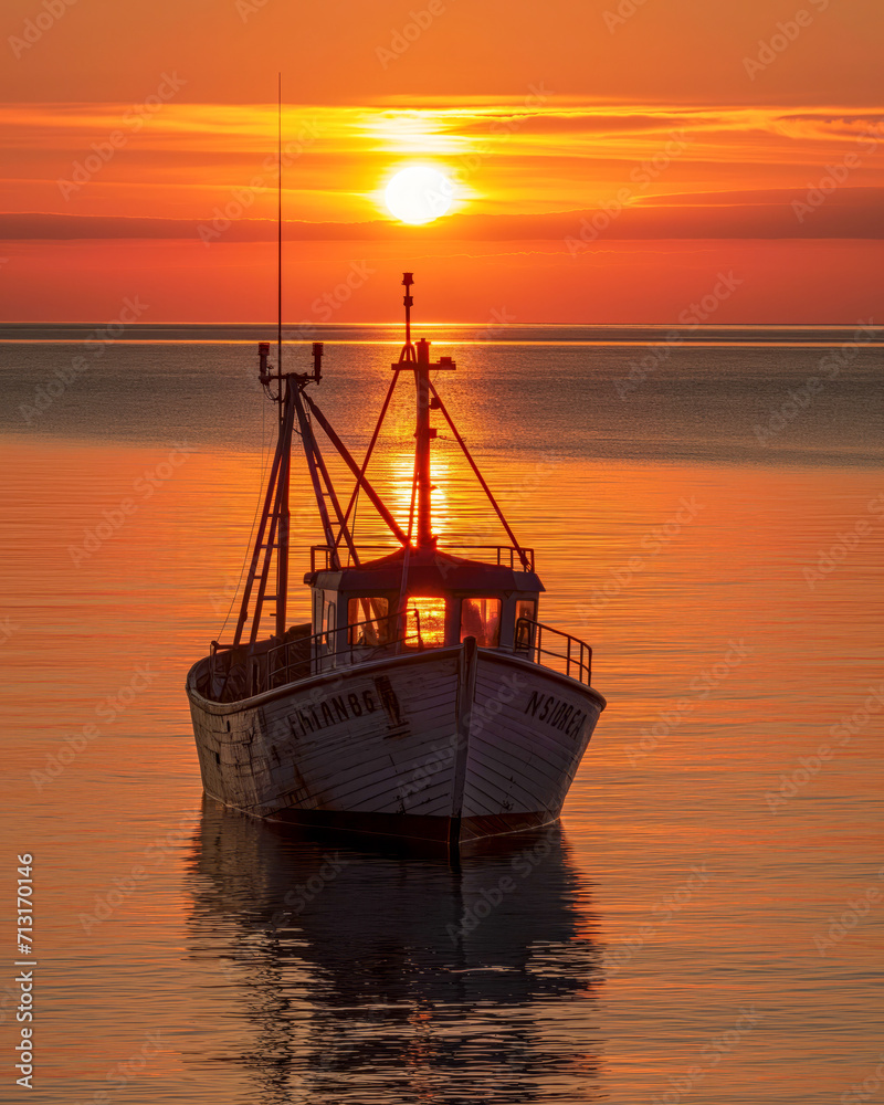 Fishing Boat at Sea During Sunrise