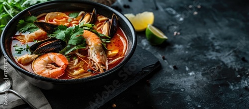 Thai soup in a plate with seafood shrimps scallops mussels on black stone on gray concrete. Copy space image. Place for adding text