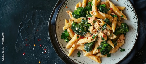Homemade Penne Alfredo Pasta with Chicken and Broccoli on a Plate top view Flat lay overhead from above. Copy space image. Place for adding text photo