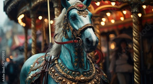 Experience the whimsical beauty of a majestic blue horse adorned with glimmering gold details, as it stands proudly in an outdoor carousel ride