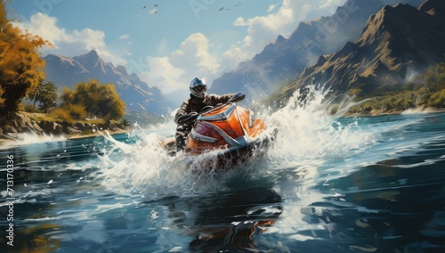 A daring individual rides their jet ski through the picturesque mountain scenery, cutting through the water and leaving a trail of excitement in their wake