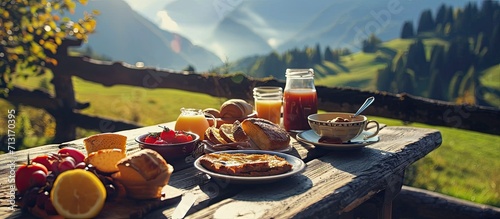 Breakfast Alps South Tyrol rural. Copy space image. Place for adding text