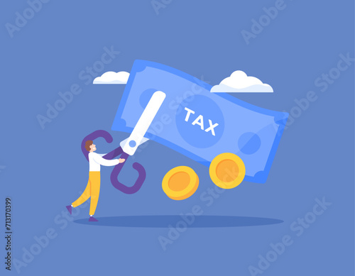 a taxation concept. withholding income tax or income tax. cutting or reducing payments. Use scissors to cut a banknote. flat illustration concept design. graphic elements. vector