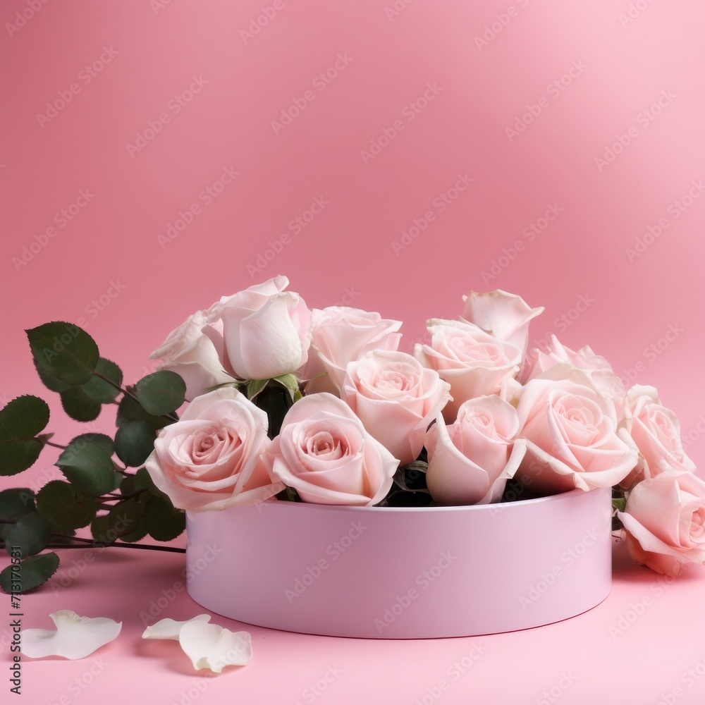 Pink rose bouquets in varying-sized vases on a pink studio backdrop background Pink rose bouquets in varying-sized vases on a pink studio backdrop background