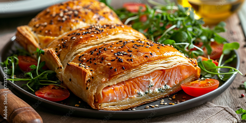 salmon en croute highlighting puff pastry layers Stock Illustration