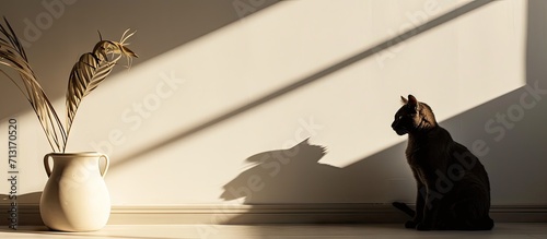 Profile of a house cat casting a lion s shadow on a white wall. Copy space image. Place for adding text