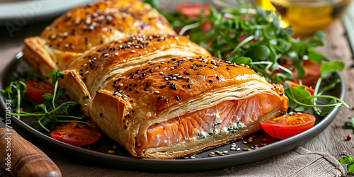 salmon en croute highlighting puff pastry layers