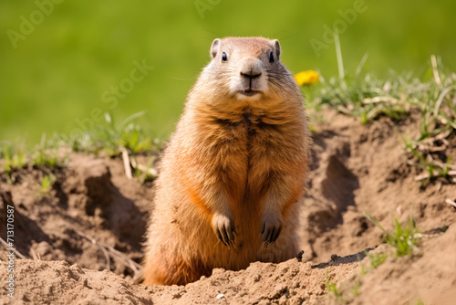 A marmot climbed out of a hole in a green glade © Alina