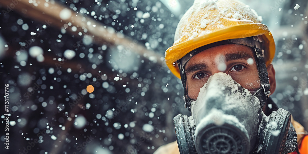 Professional construction worker wearing dust mask surrounded by many floating glass wool dust particles on construction site - obrazy, fototapety, plakaty 