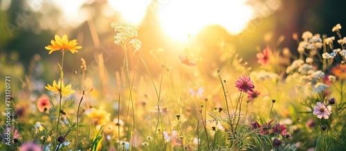 Flowers and plants lit by sunlight in late afternoon beautiful nature in meadow. Copy space image. Place for adding text © Ilgun