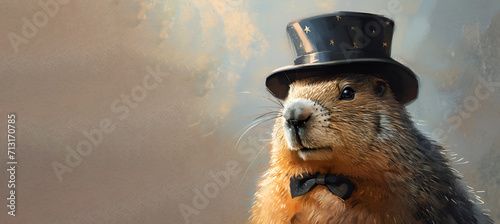 Painted marmot in top hat and tie, brown background photo