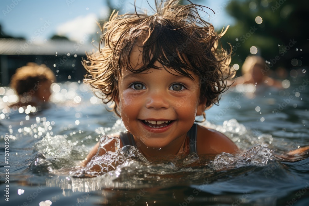 Beaming with joy, a young child basks in the refreshing embrace of the water, their youthful face aglow as they happily swim and play on a warm summer day