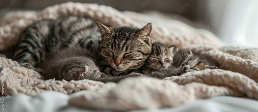 Kittens suck a cat Mother Cat with newborn kittens. Copy space image. Place for adding text
