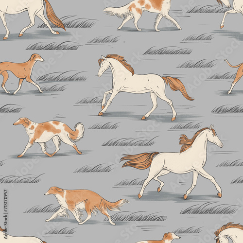 seamless graphic pattern with running hound dogs and horses