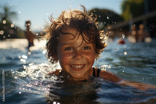 A young girl's joy radiates from her smiling face as she gracefully swims in the refreshing waters of an outdoor swimming pool