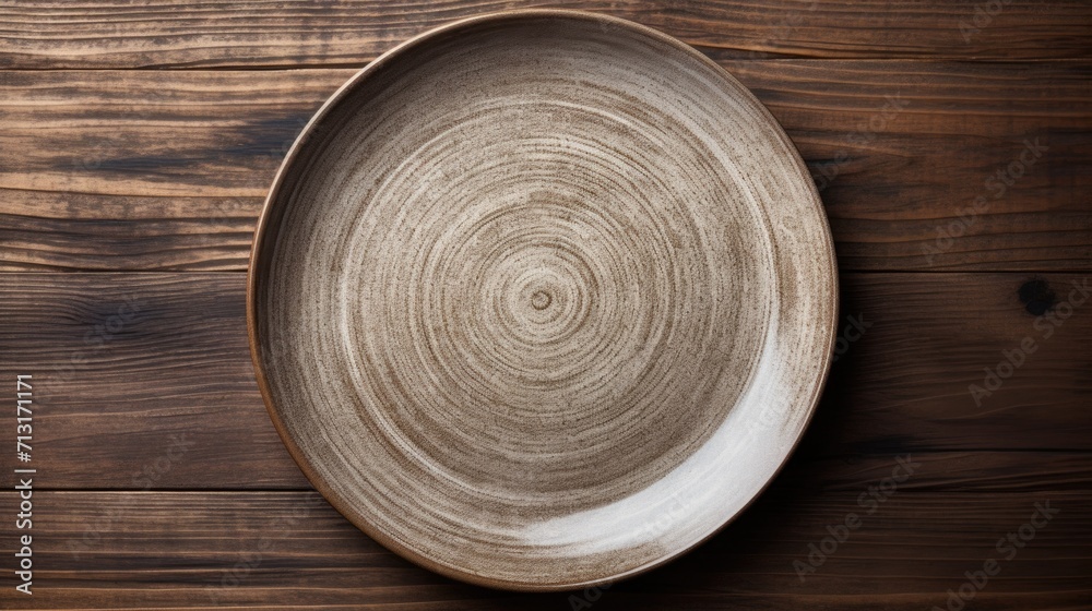 Speckled Ceramic Plate on Dark Wooden Rustic Table Speckled Ceramic Plate on Dark Wooden Rustic Table