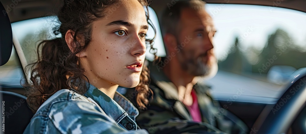 Φωτογραφία Male auto instructor takes exam in young woman Sit beside model in car and write down Young woman look confused on camera and show hands Stress and failing exams